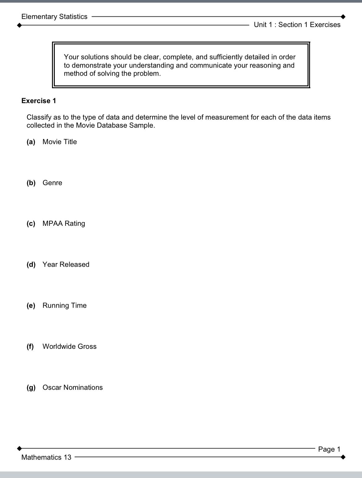 Solve Elementary Statistis @ & -__ . U nit 1 :