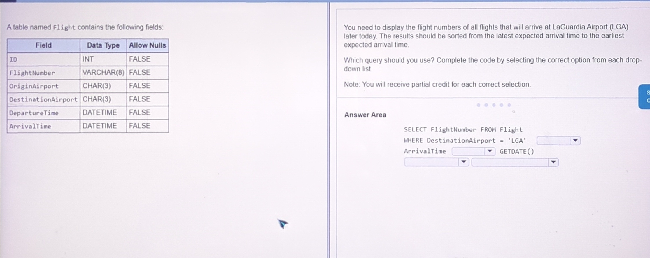 A table named Flight contains the following