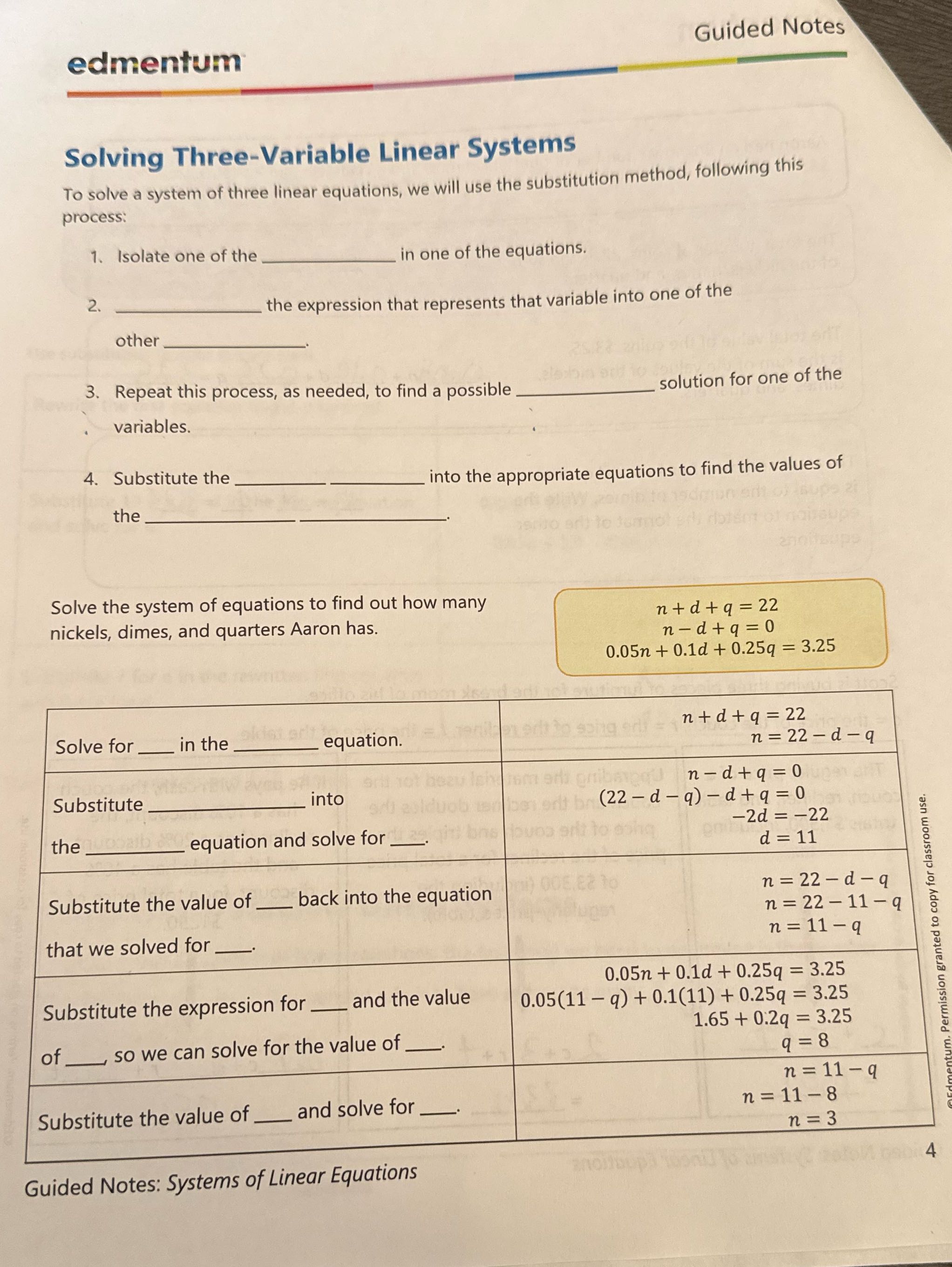 edmentum Guided Notes TS Solving Three-Variable