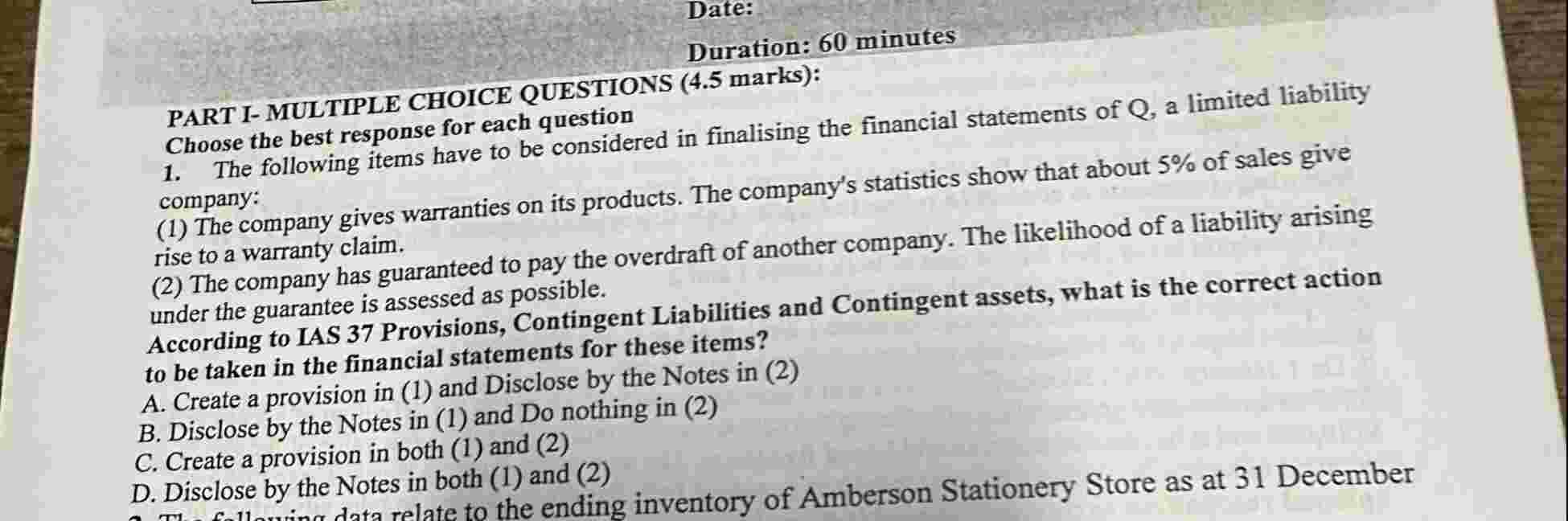 Date: Duration: 6 0 minutes PART I - MULTIPLE