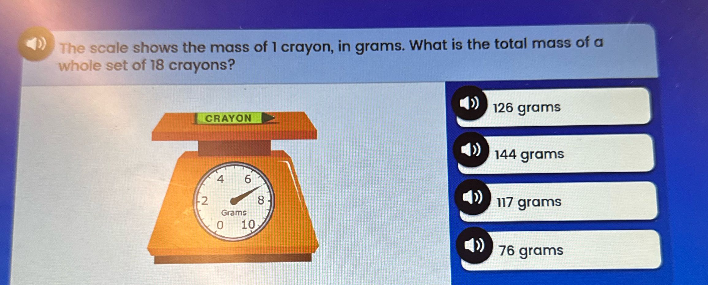 The scale shows the mass of 1 crayon, in grams.