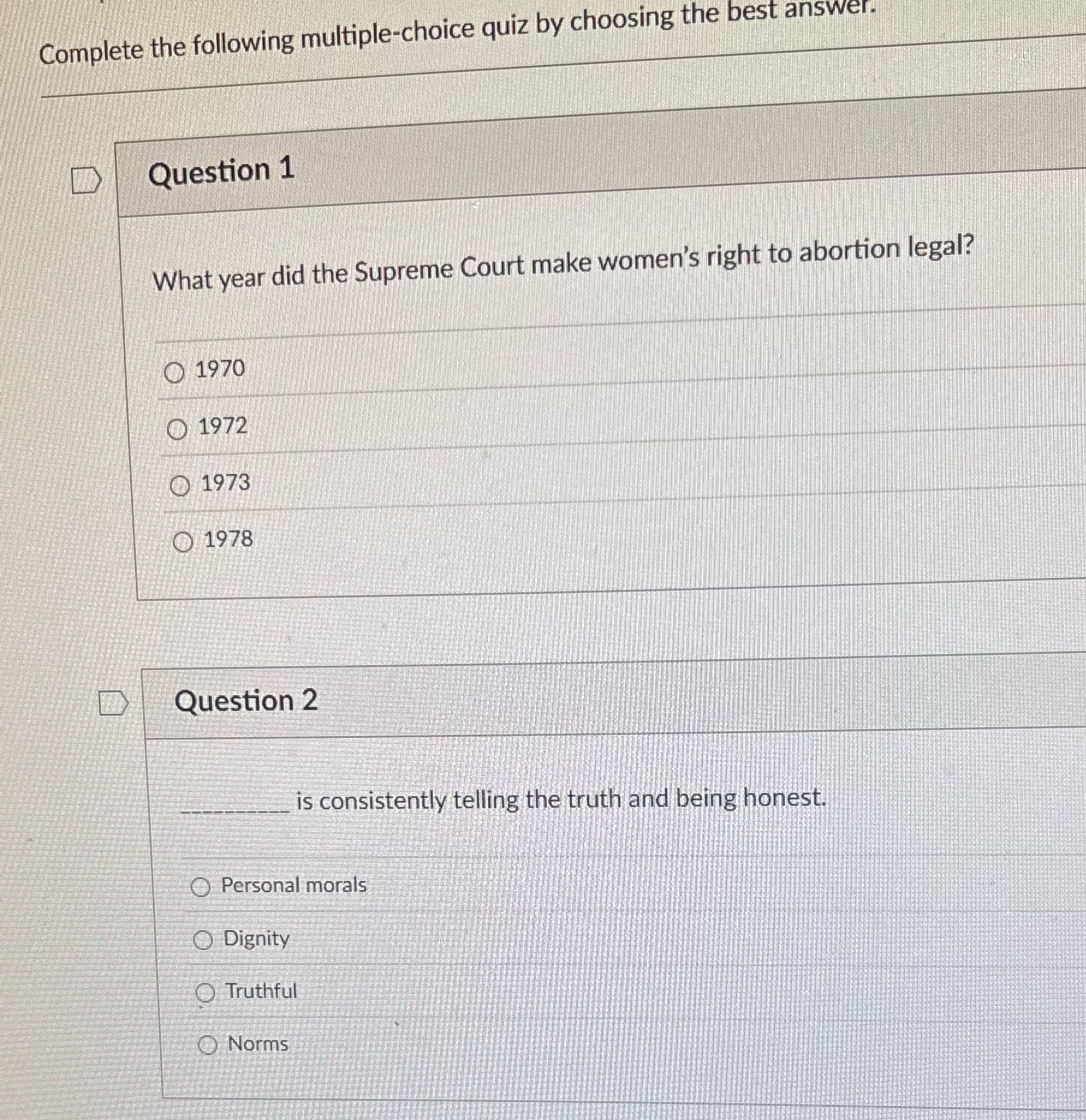 Complete the following multiple-choice quiz by