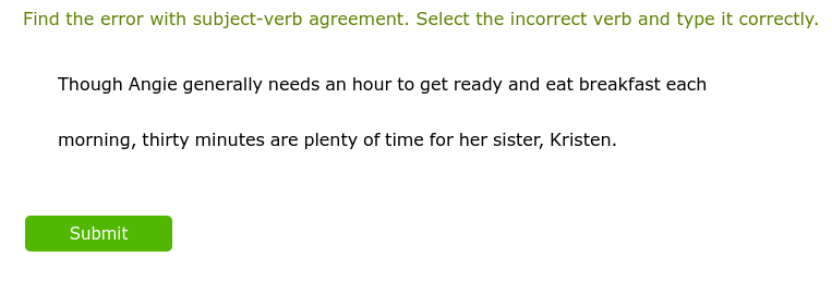 agian Find the error with subject-verb agreement.