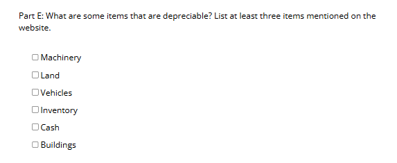 solve this Part E: What are some items that are