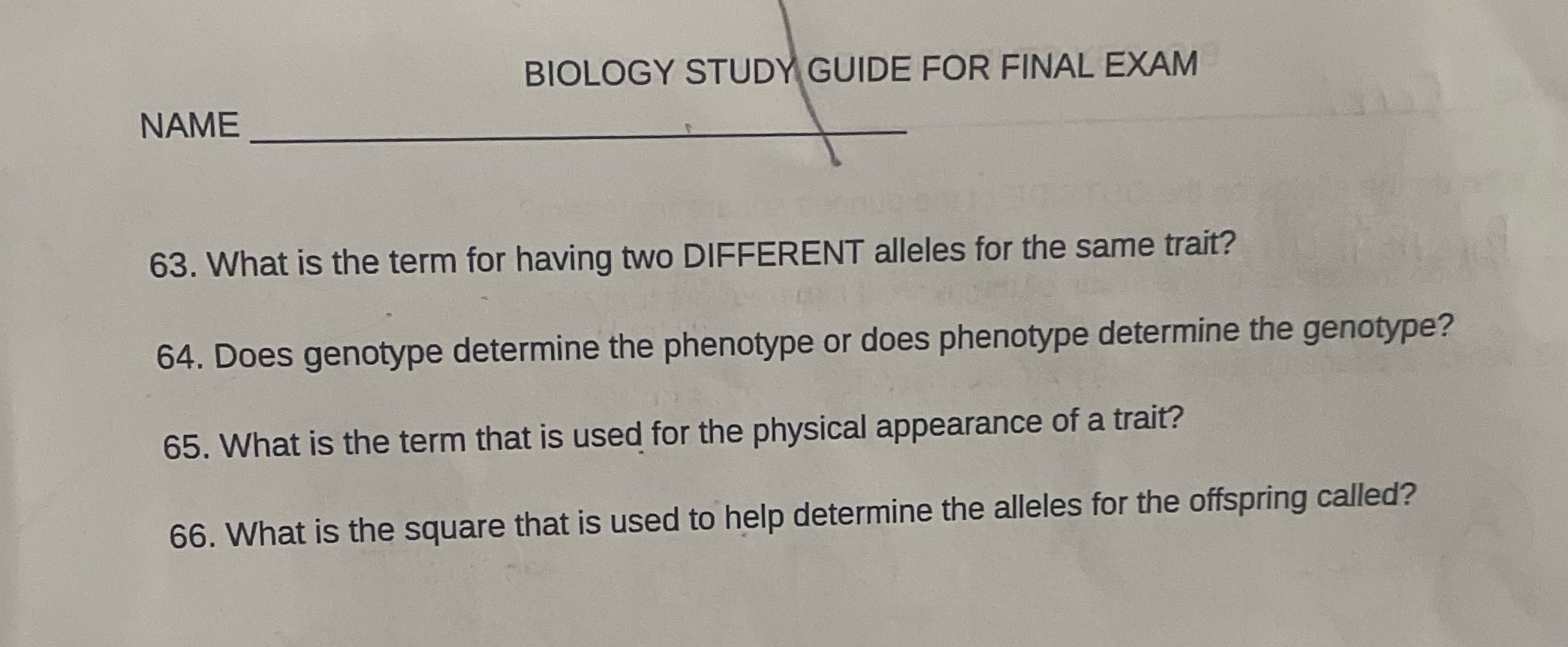 BIOLOGY STUDY GUIDE FOR FINAL EXAM NAME 63. What