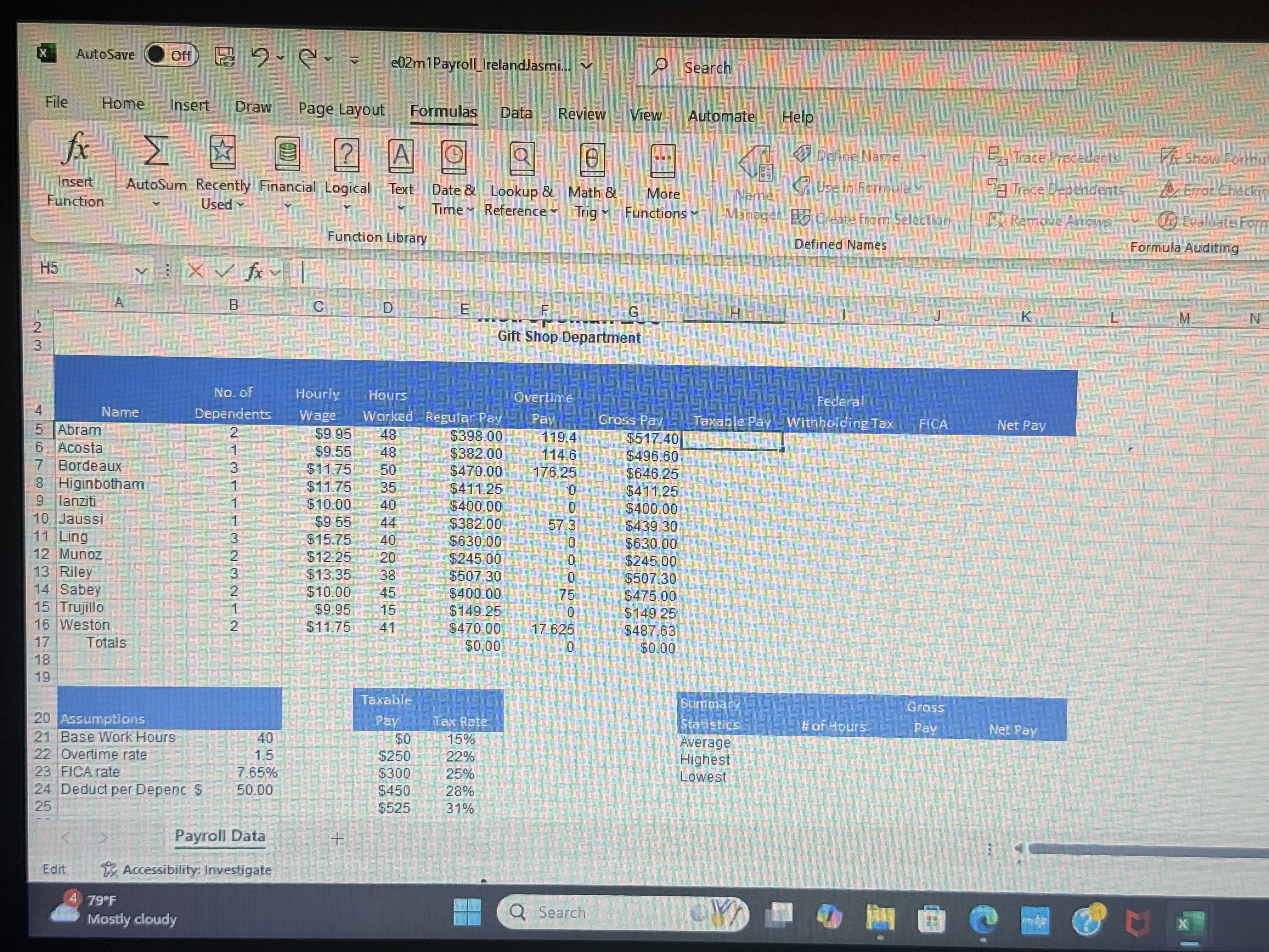 d . Create a formula in cell H 5 to calculate the