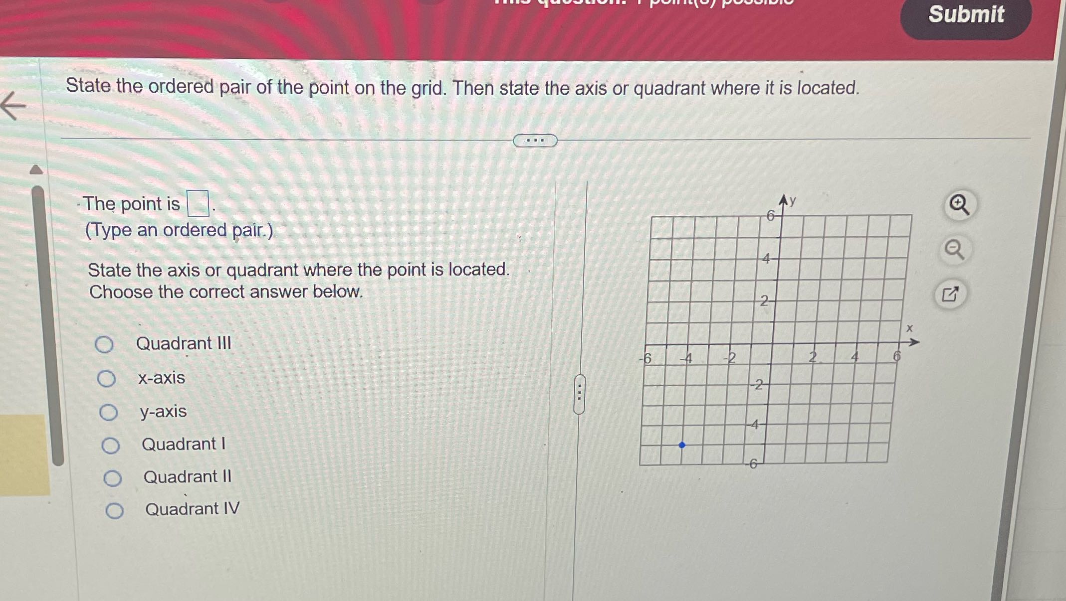 Submit State the ordered pair of the point on the