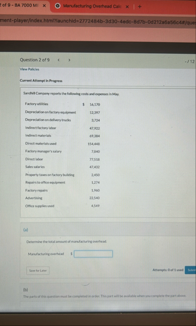 ? of 9 - BA 7 0 0 0 MI Manufacturing Overhead