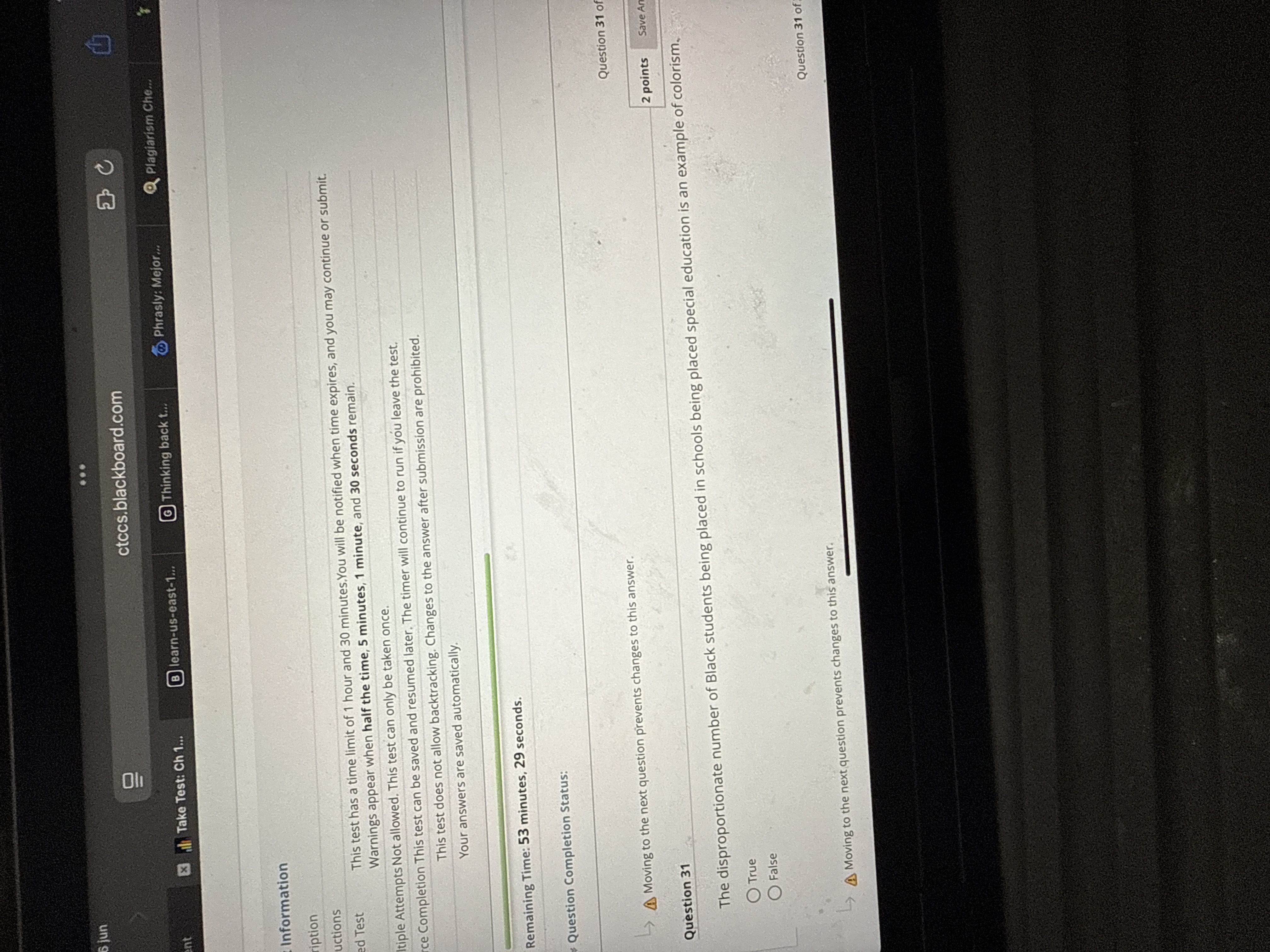 U jun ctccs.blackboard.com x Take Test: Ch 1... B