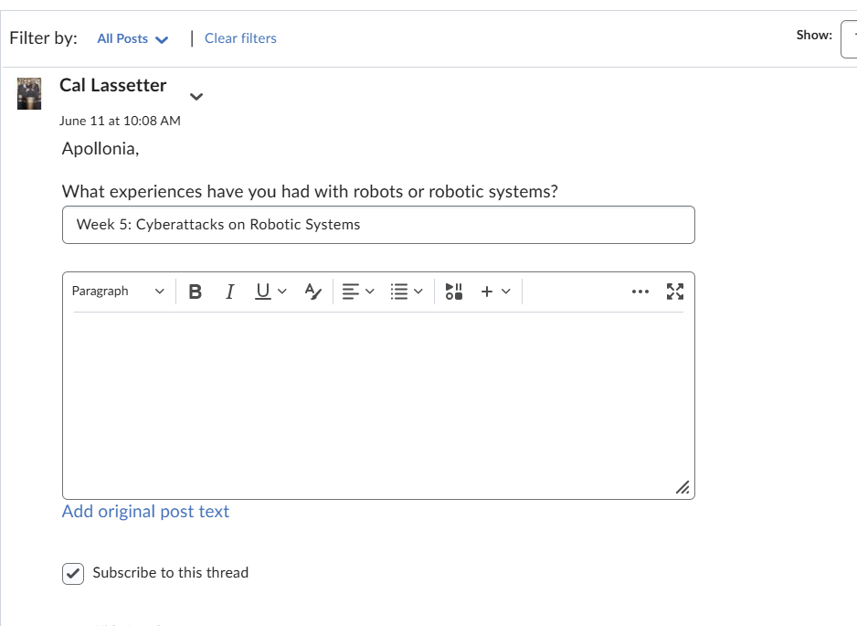 Reply back to Cal on my discussion post? Filter