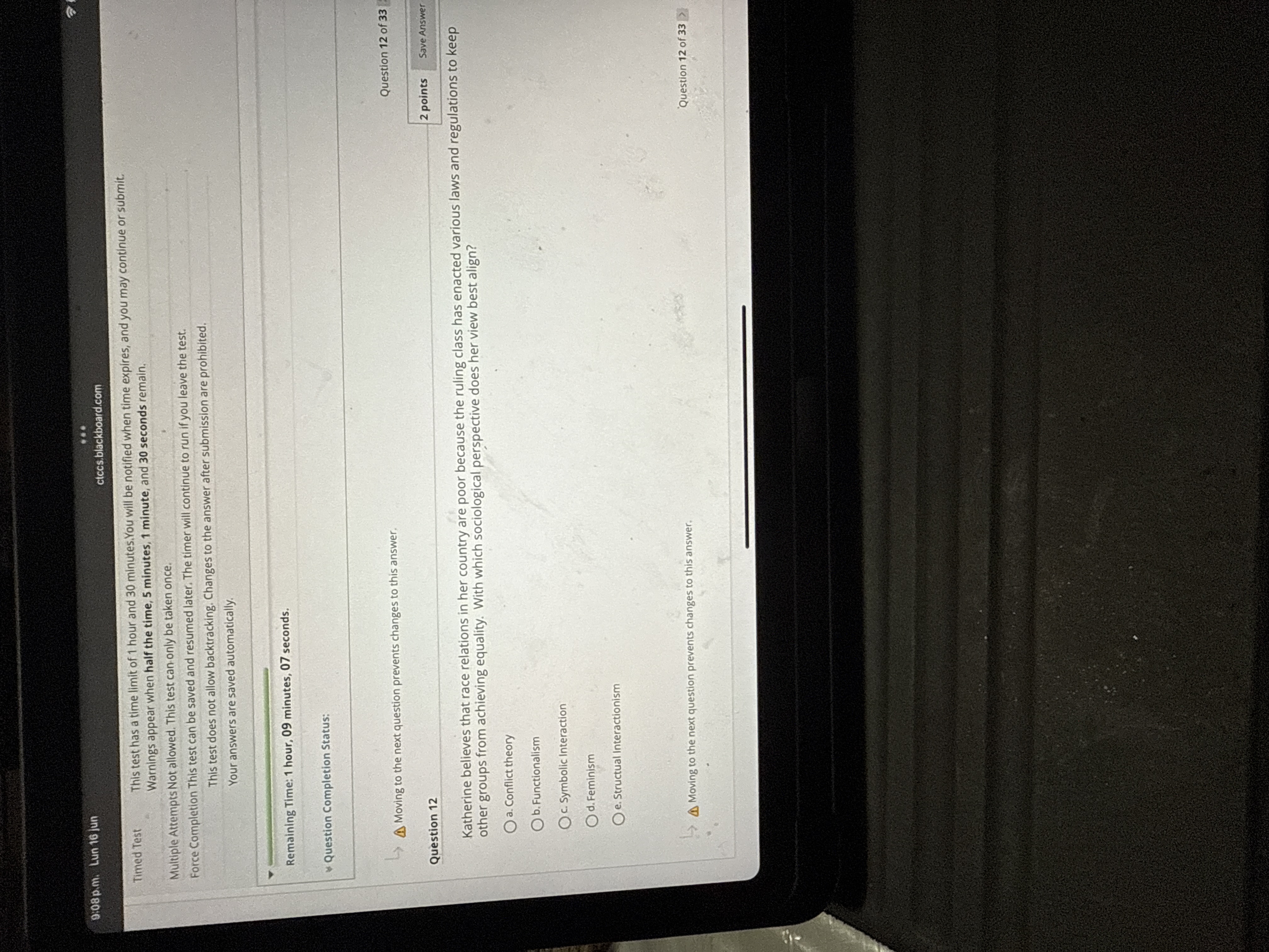 J 9:08 p.m. Lun 16 jun ctccs.blackboard.com Timed