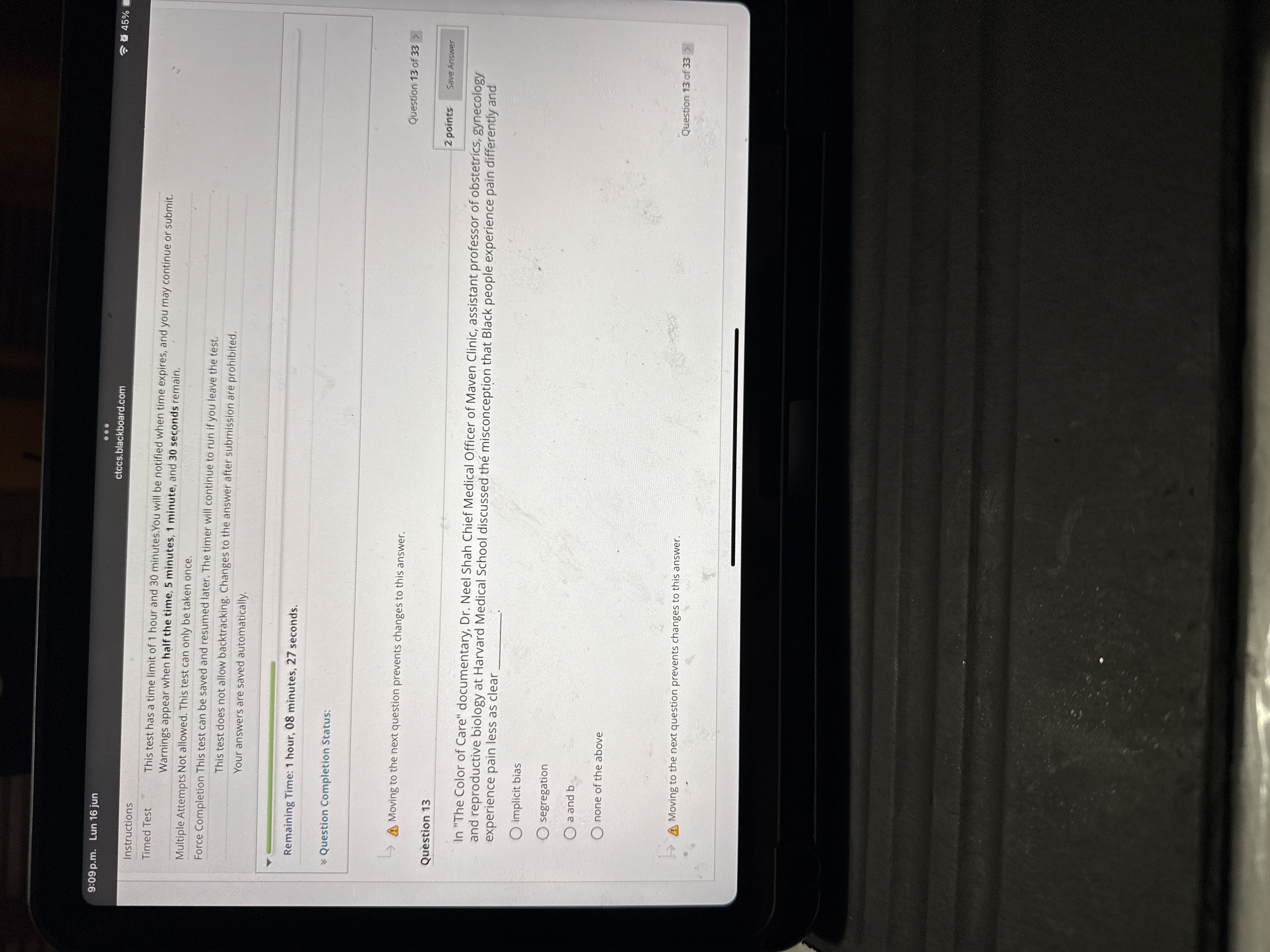 N 9:09 p.m. Lun 16 jun .. . ctccs.blackboard.com