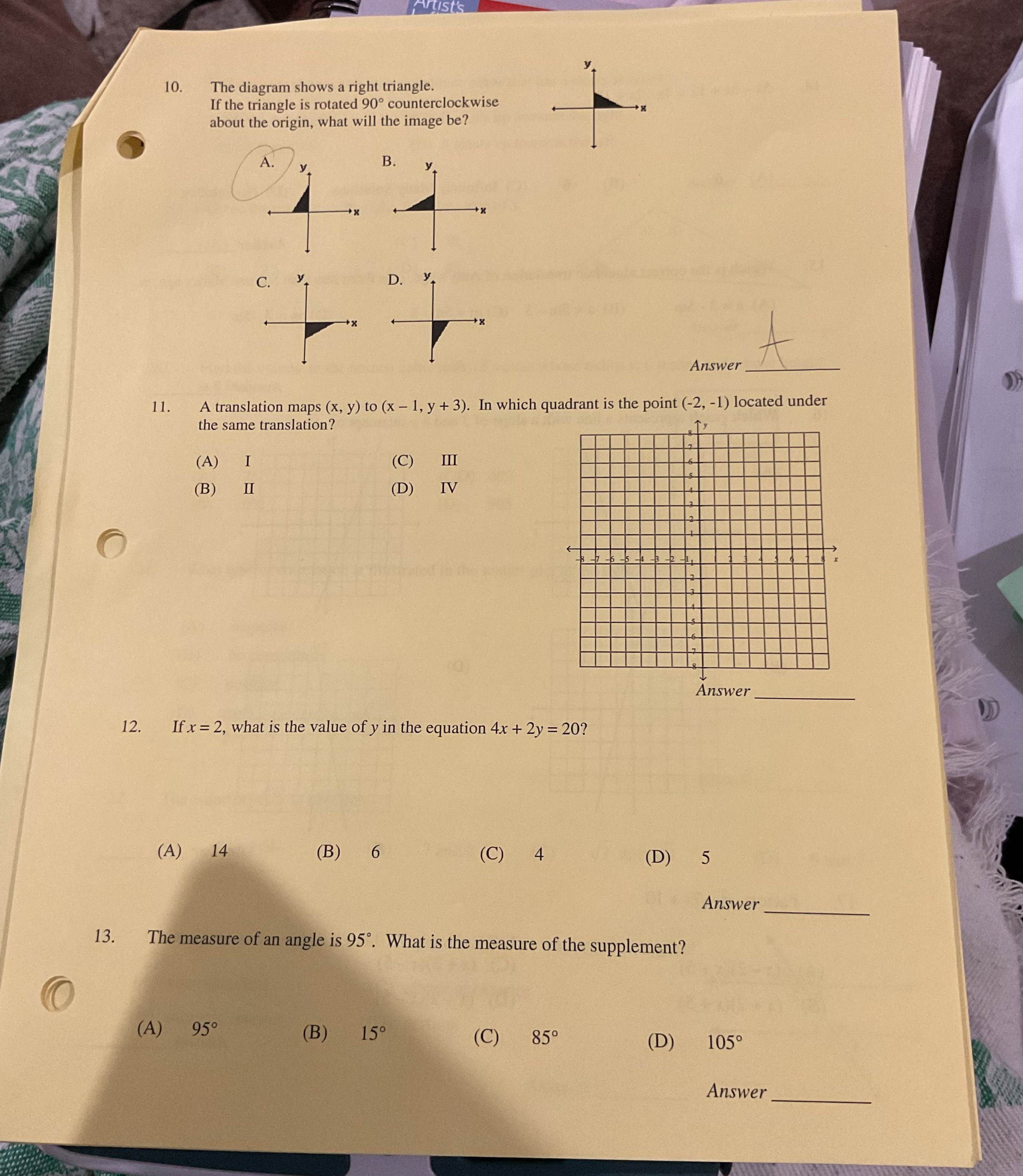 10. The diagram shows a right triangle. If the