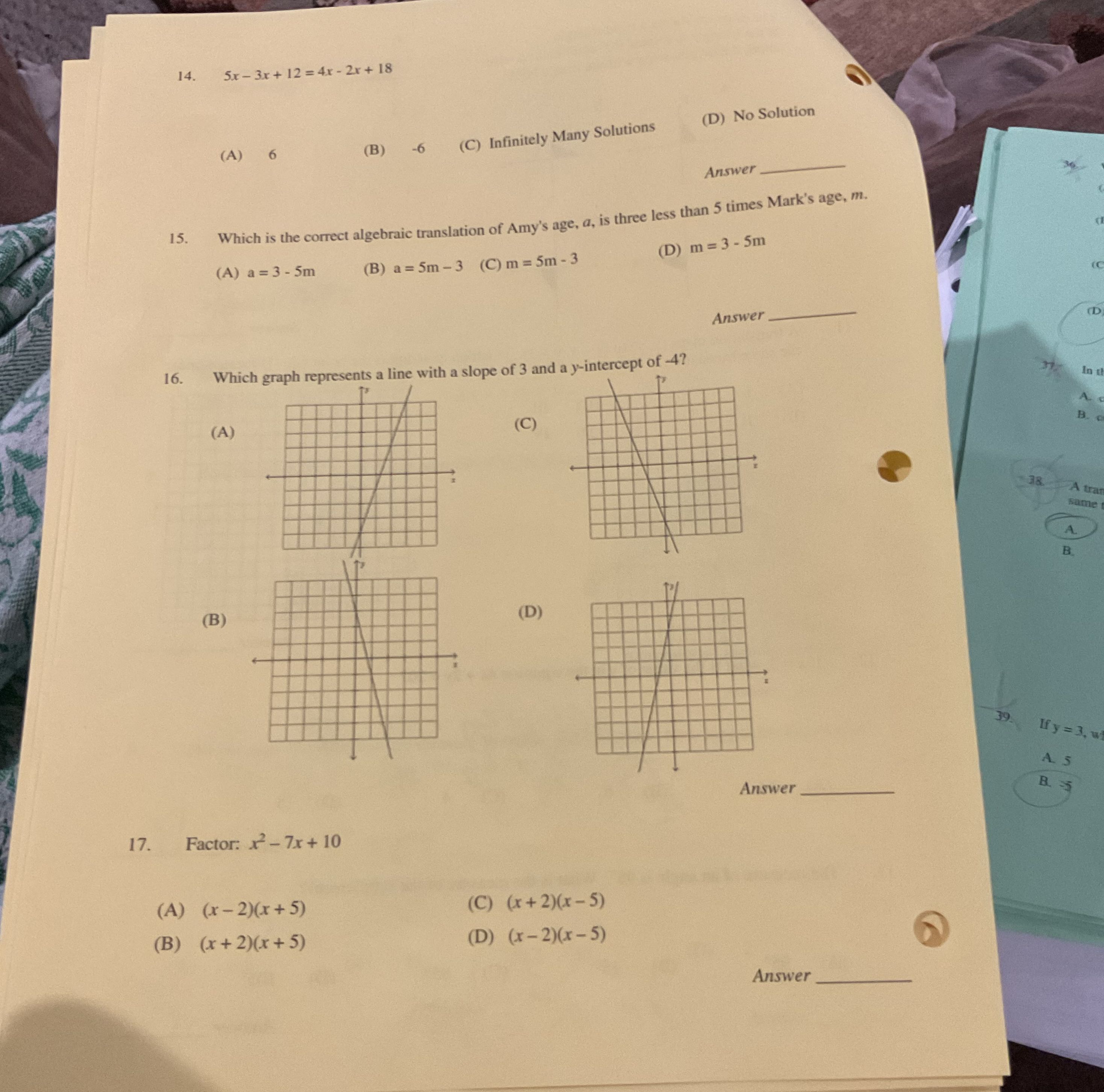 14. 5x - 3x + 12 = 4x - 2x + 18 (D) No Solution 6