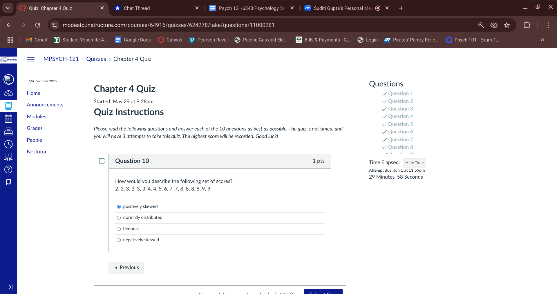 anwer Quiz: Chapter 4 Quiz X *Chat Thread X Psych