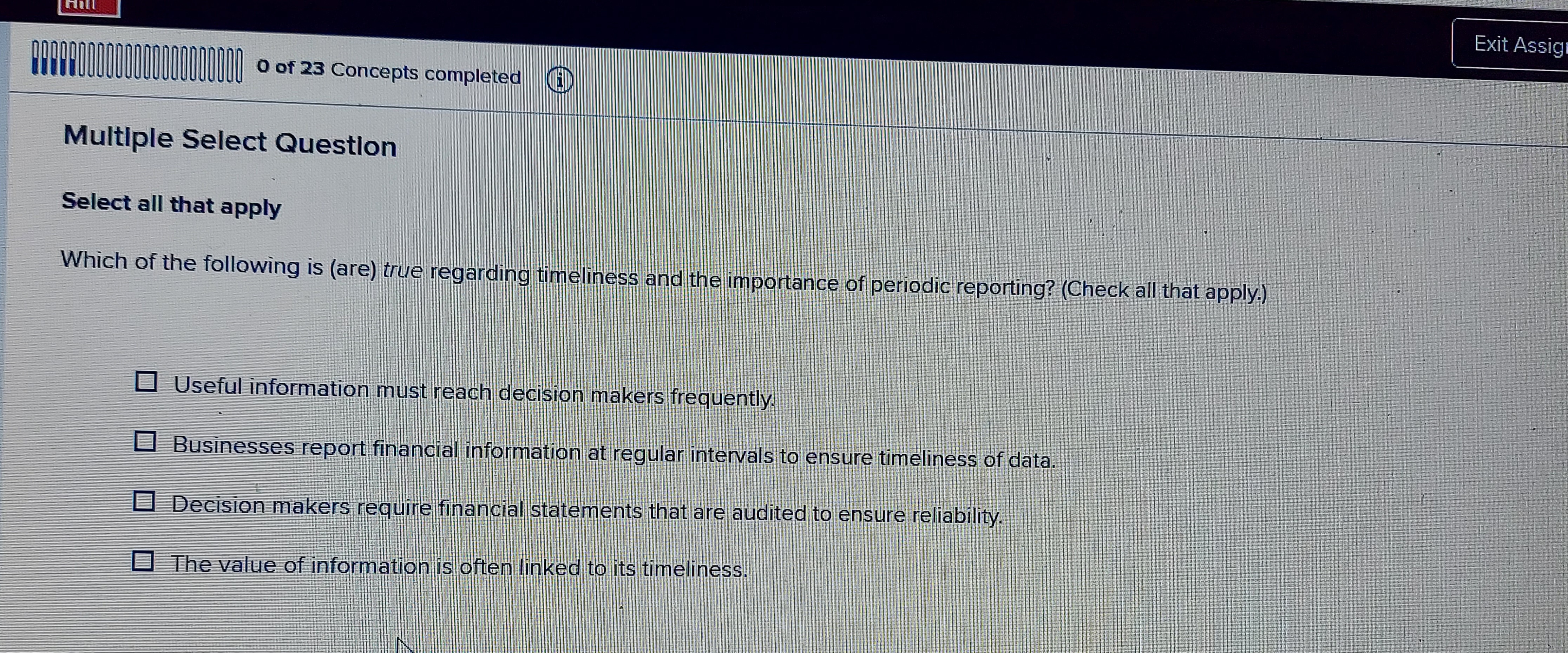 Exit Assig 0 of 2 3 Concepts completed Multiple