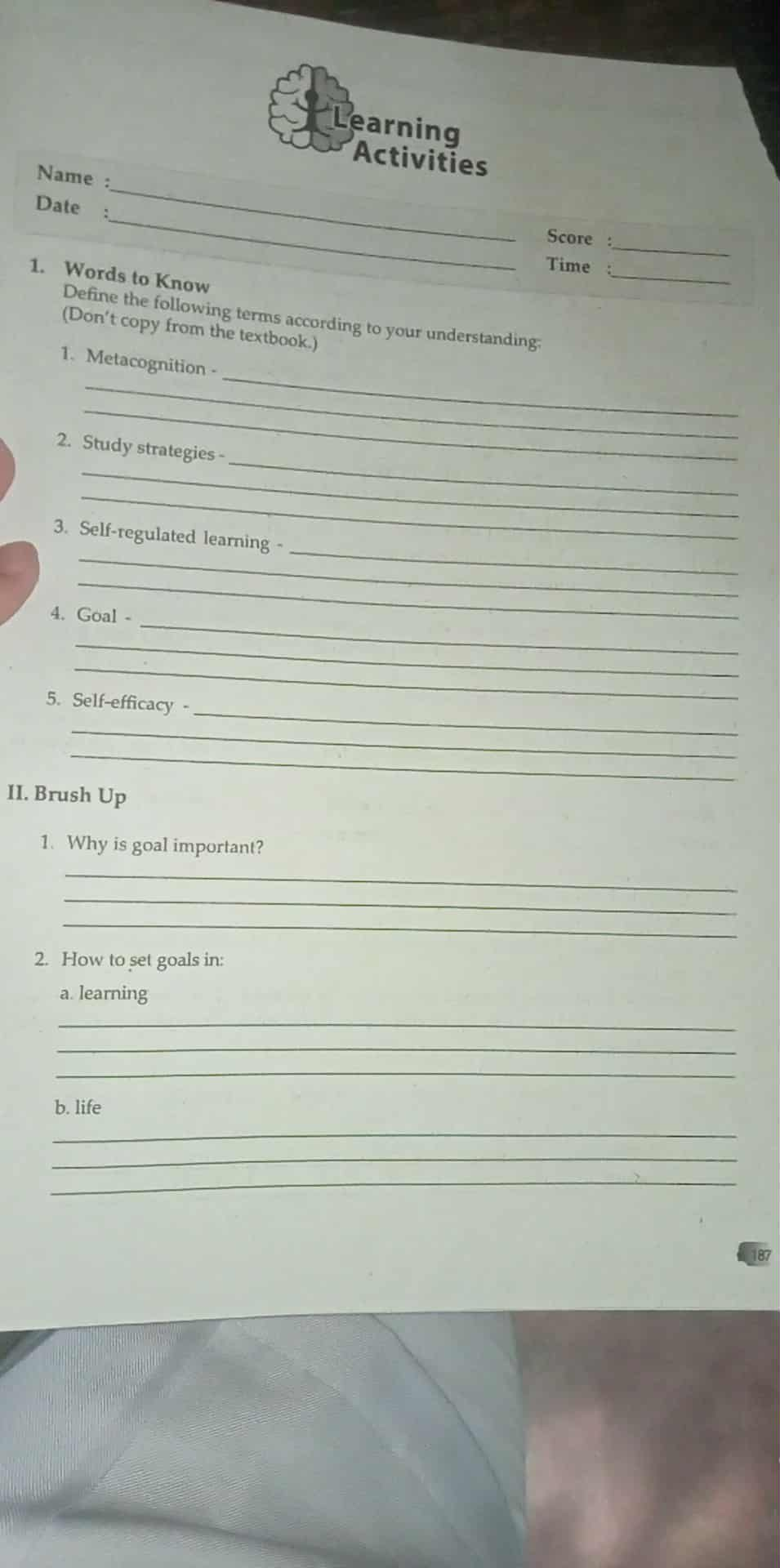 answer short Learning Activities Name : Score :