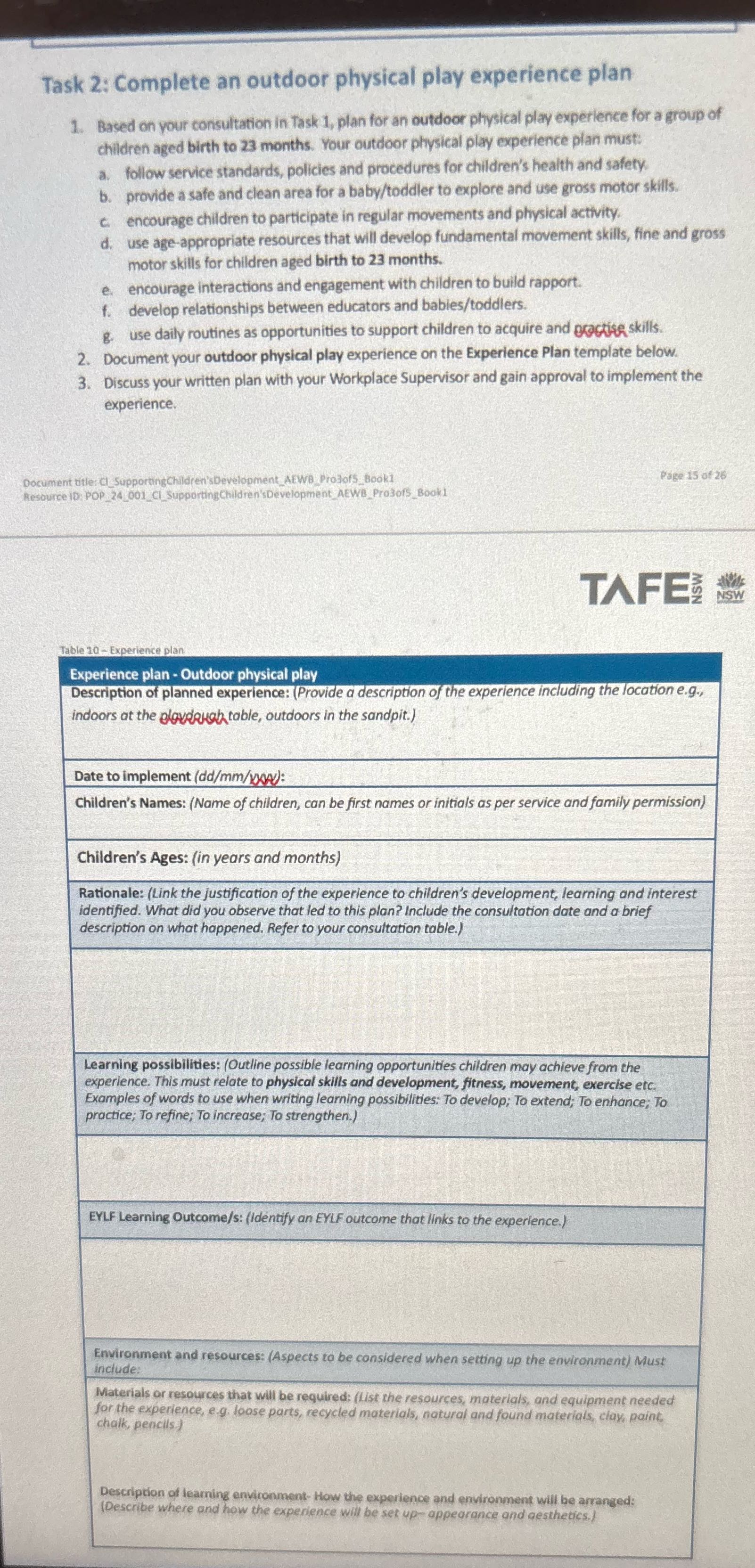 Task 2: Complete an outdoor physical play