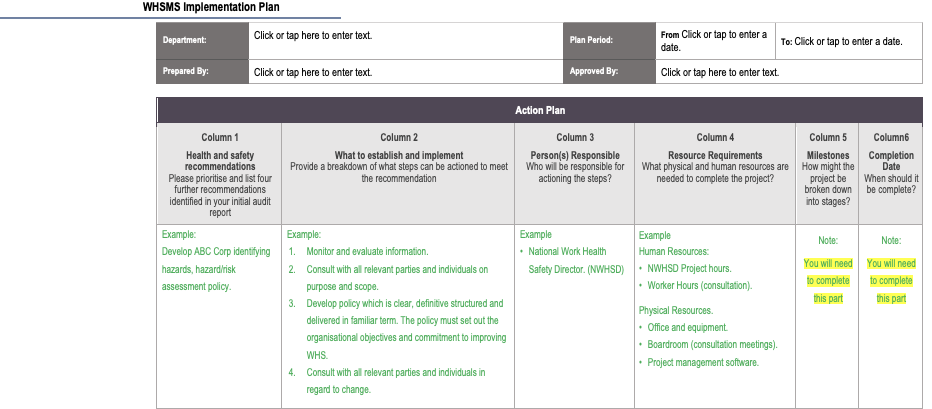 WHSMS Implementation PlanDepartment: Click or tap
