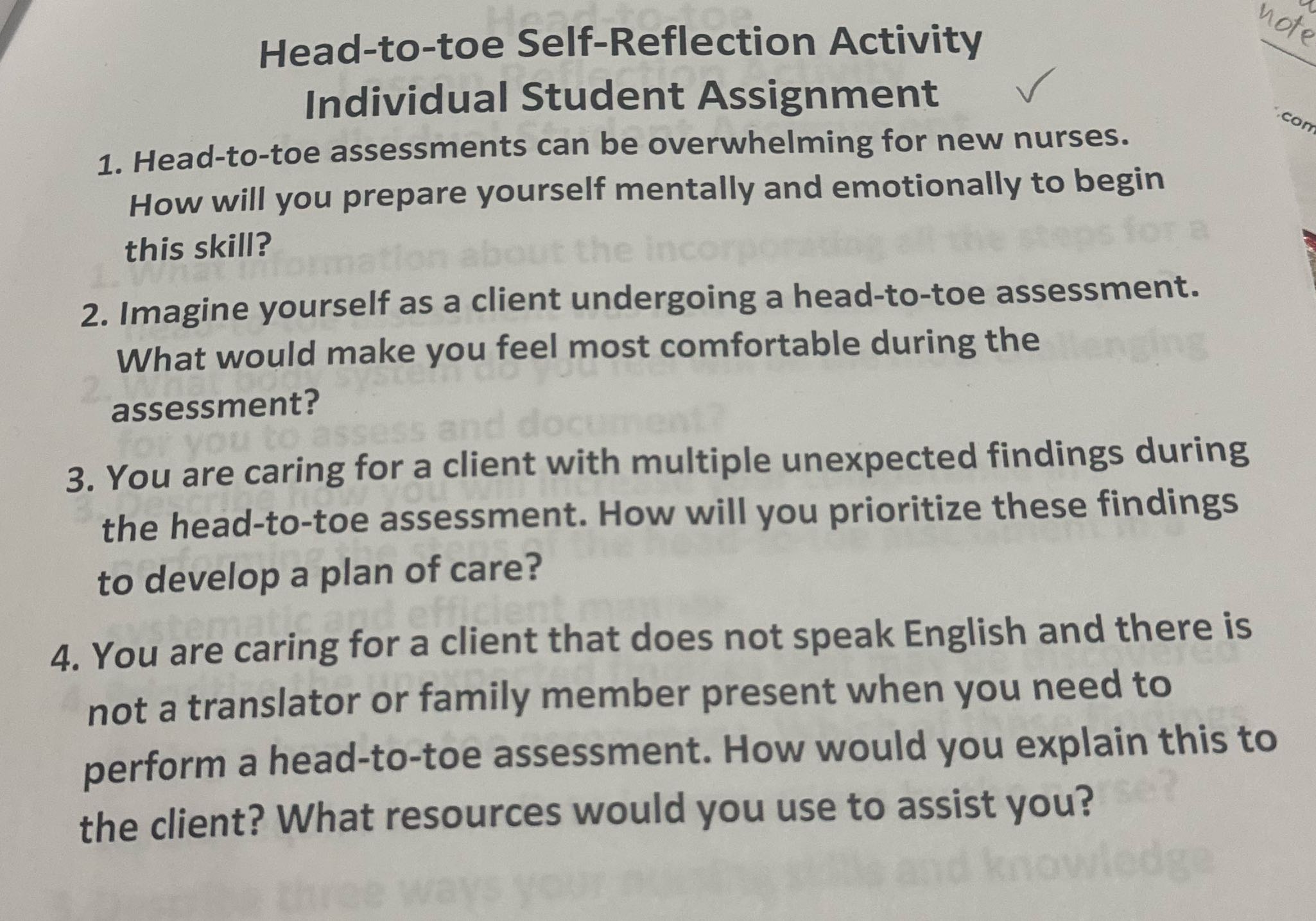 Head-to-toe Self-Reflection Activity note