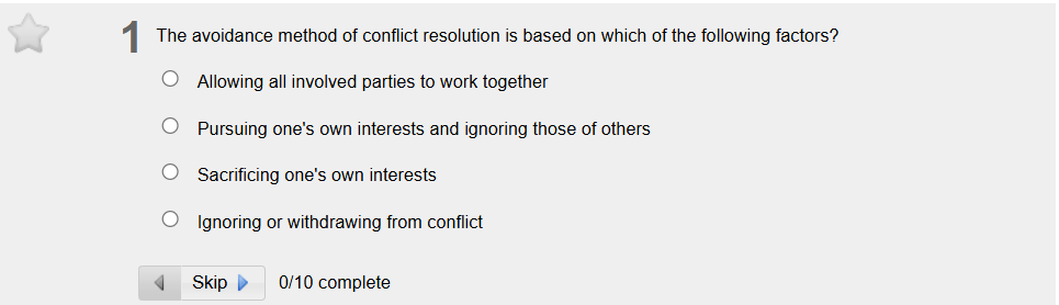 answer 1 The avoidance method of conflict
