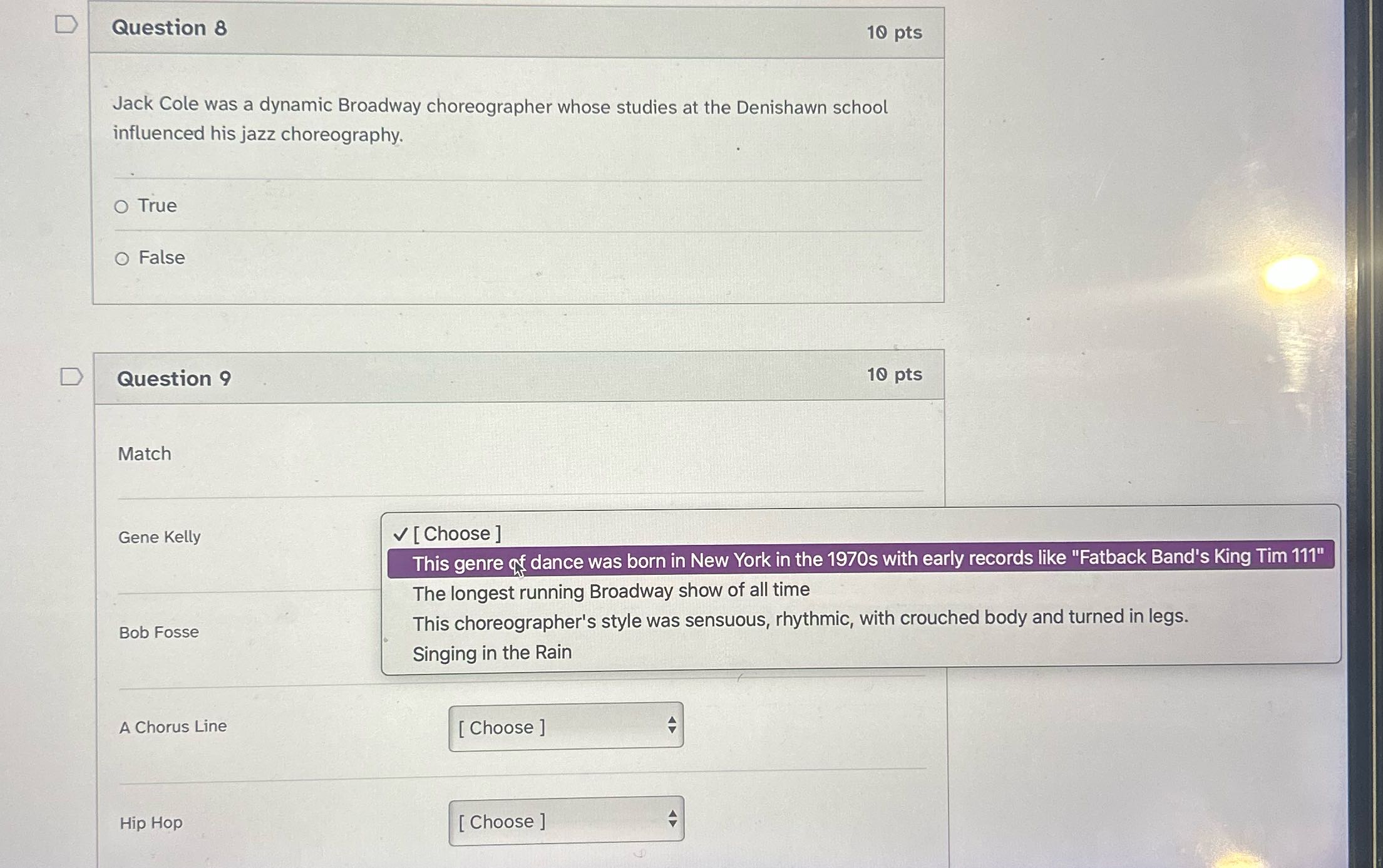 Dance humanities D Question 8 10 pts Jack Cole