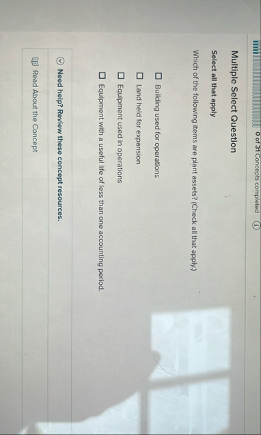 0 of 3 1 Concepts completed Multiple Select