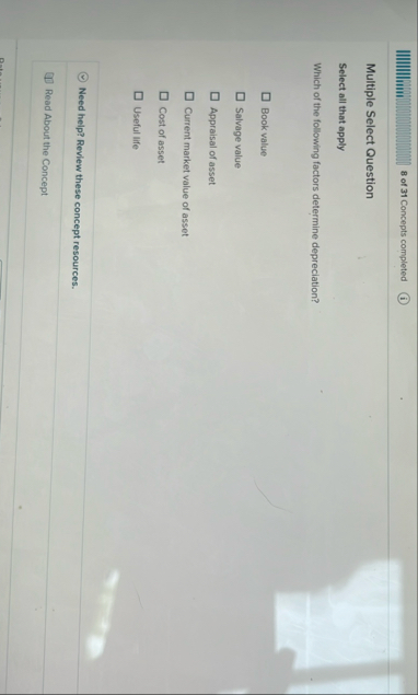 8 of 3 1 Concepts completed Multiple Select