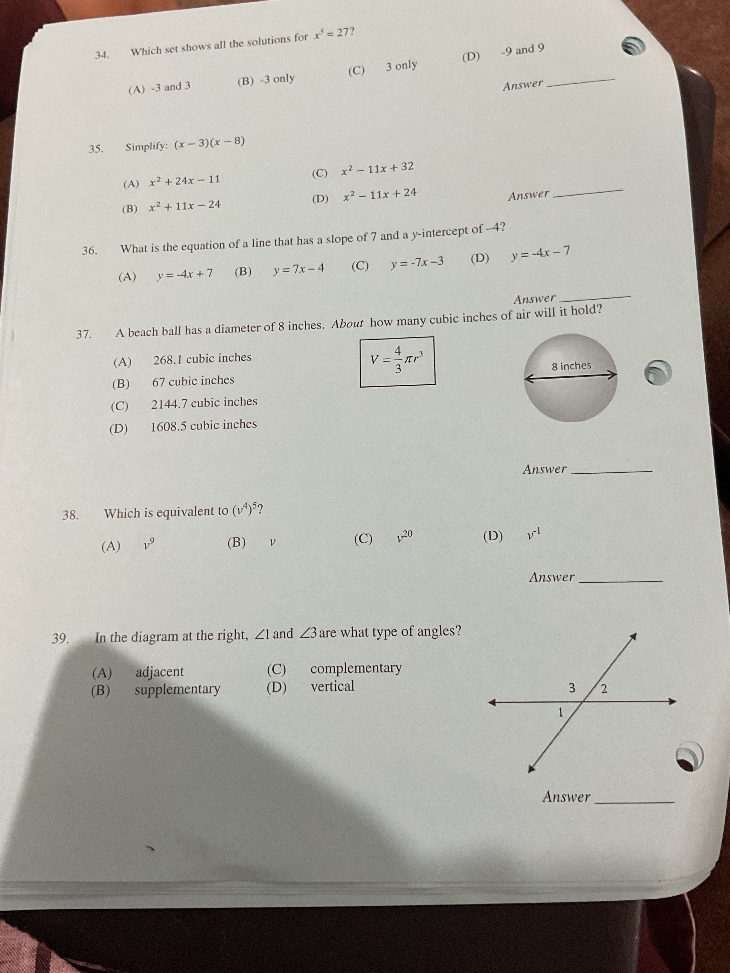 34. Which set shows all the solutions for x = 27?