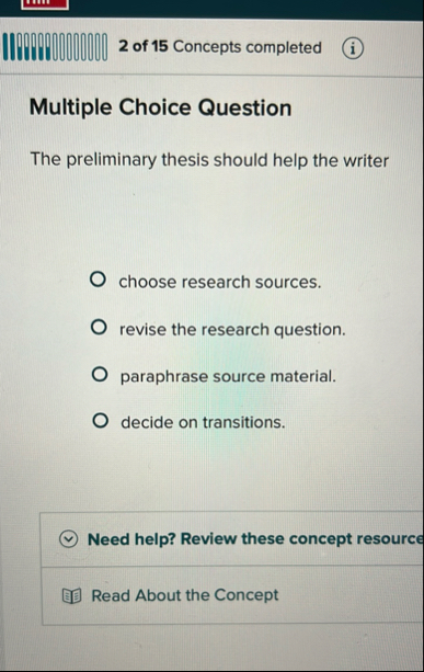 2 of 1 5 Concepts completed ( i ) Multiple Choice