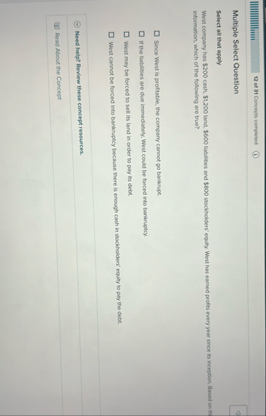 1 2 of 3 1 Concepts completed Multiple Select