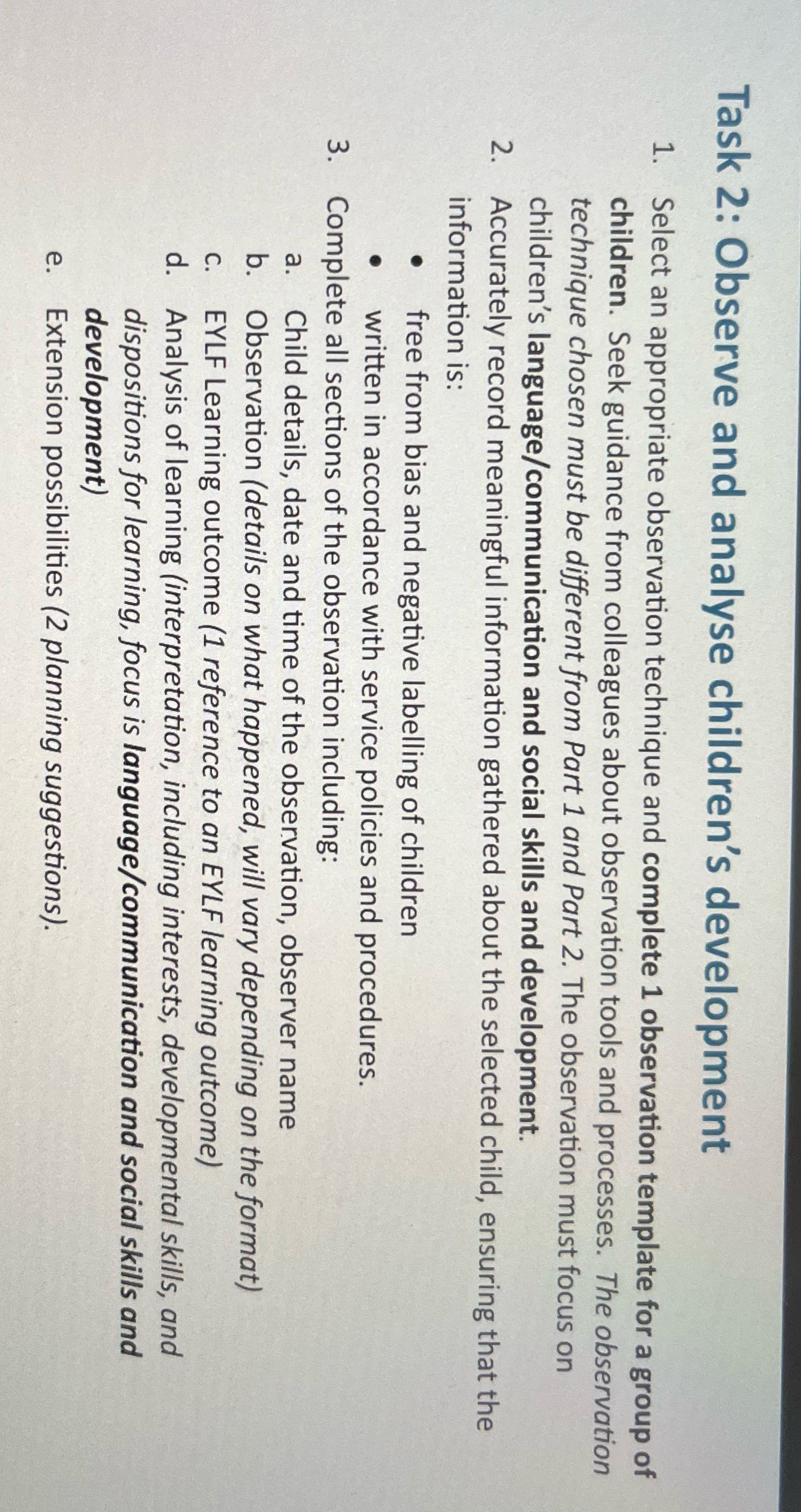 Task 2: Observe and analyse children's