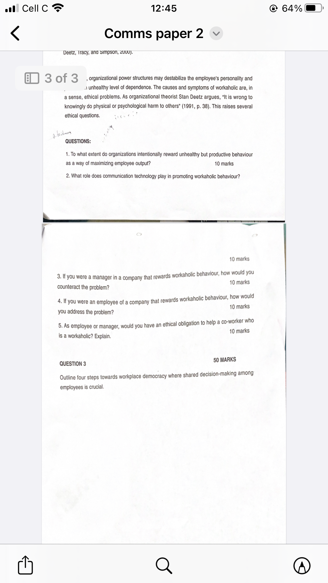 . Cell CO 12:45 @64% Comms paper 2 V Deetz,