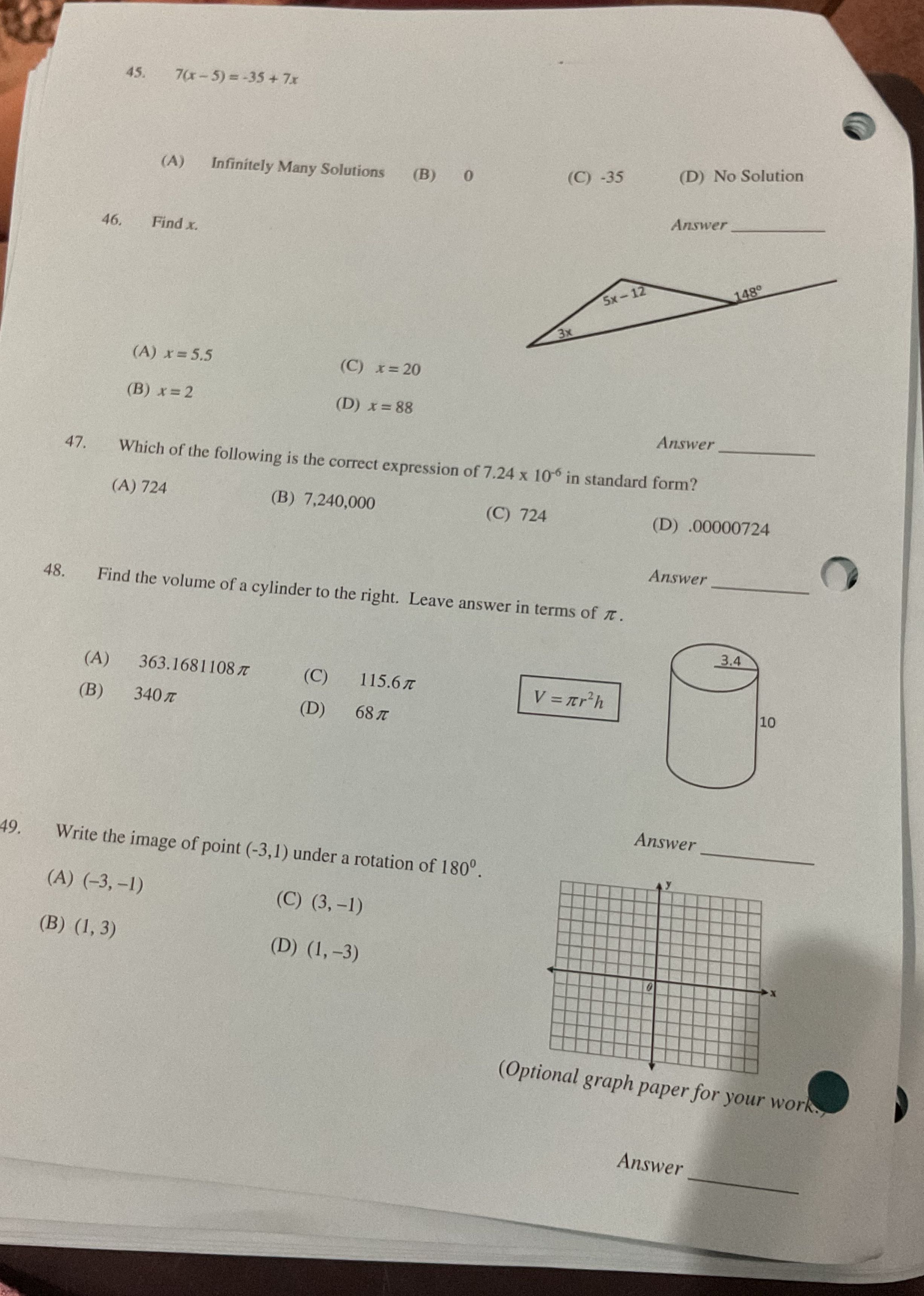 5. 7(x - 5) =-35 +7x (B) 0 (C) -35 (D) No