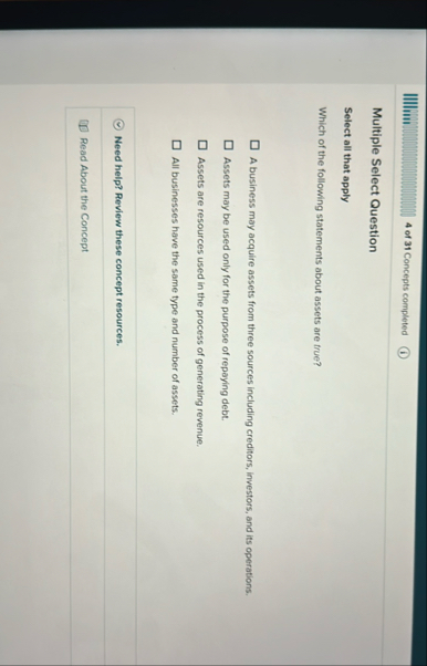 4 of 3 1 Concepts completed Multiple Select
