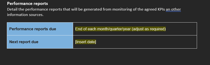 Provide the example of answer Performance reports