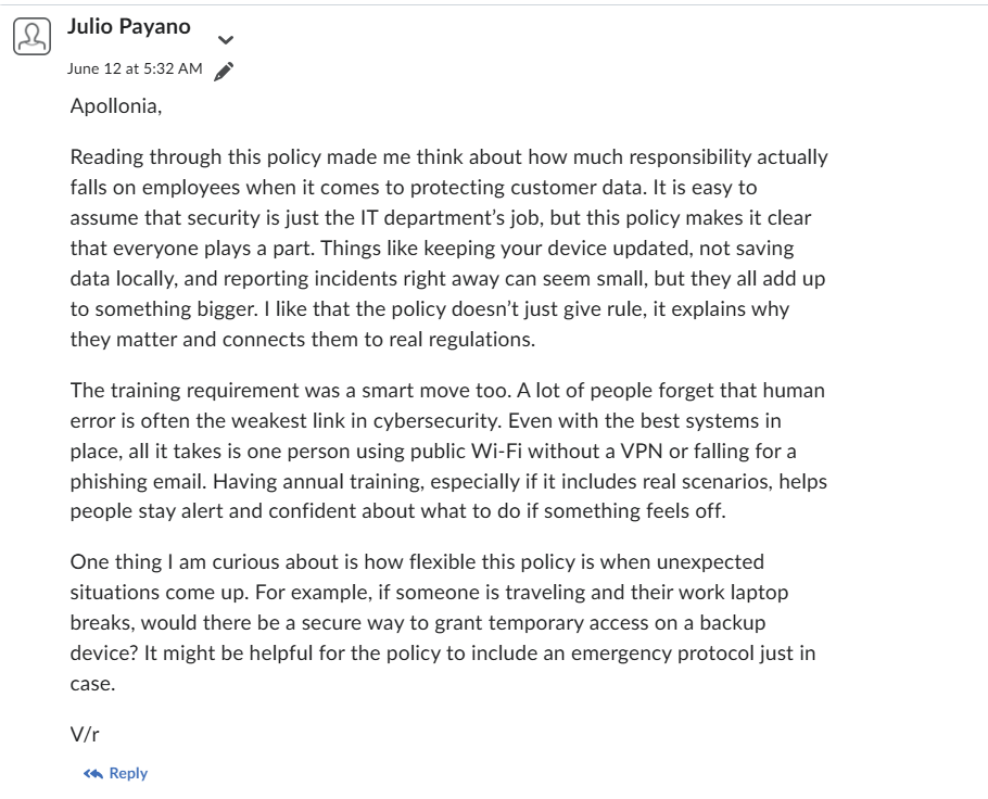 Paragraph comment replying back to Julio on my