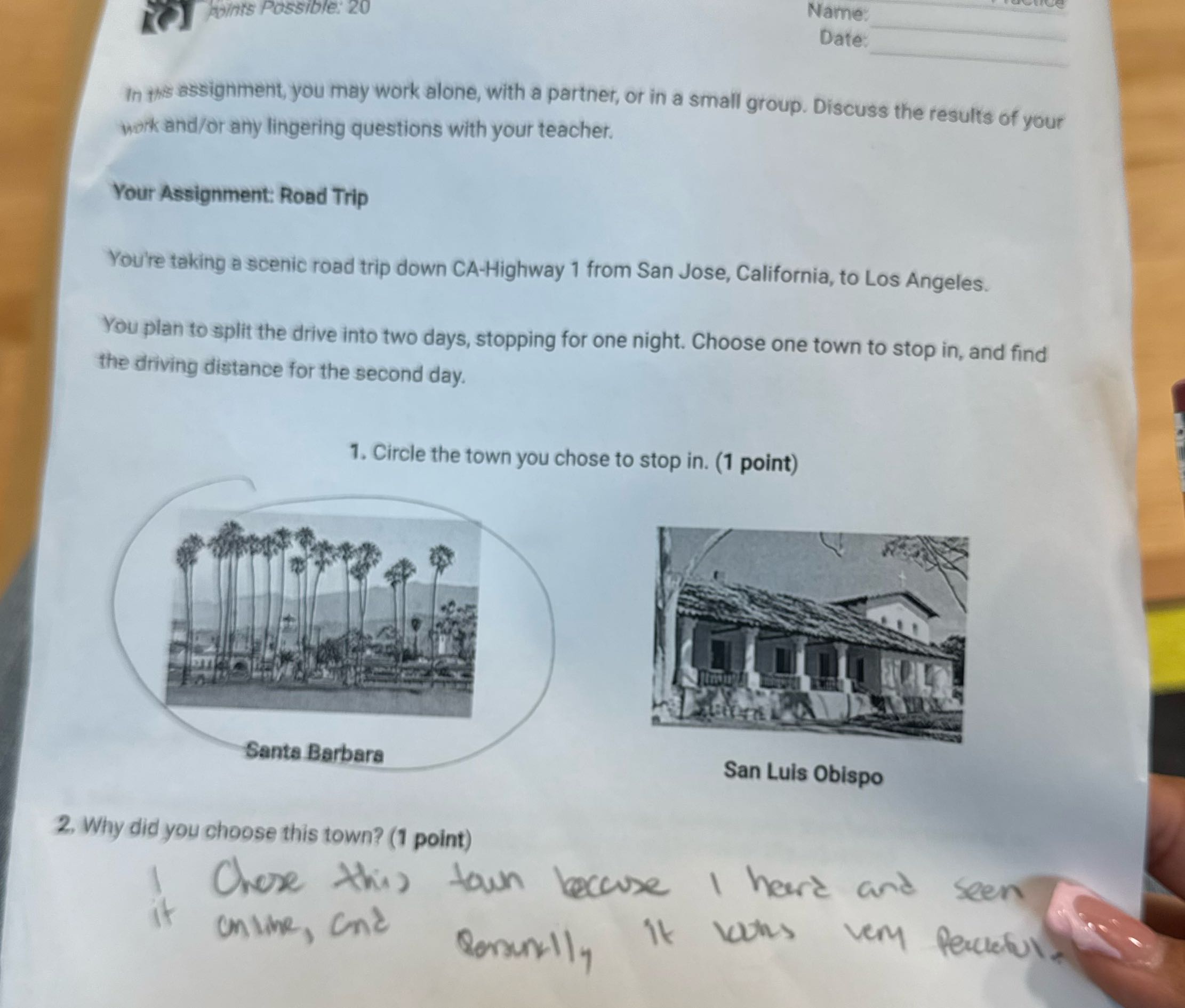 Name: Points Possible: 20 Date In this