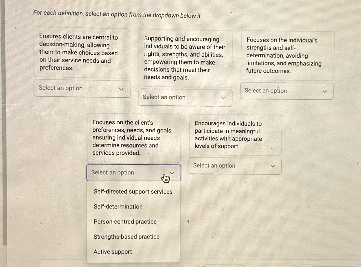 For each definition, select an option from the