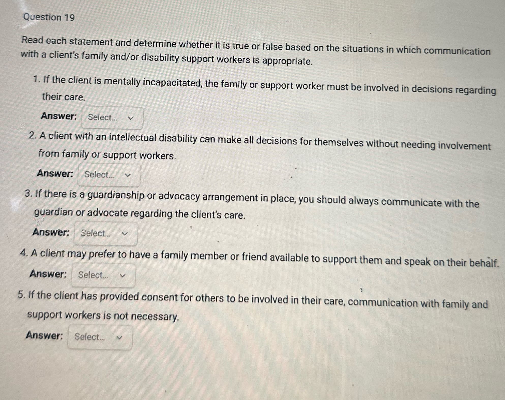 Question 19 Read each statement and determine