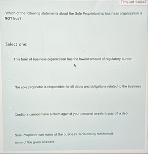 Time left 1 : 4 4 : 4 7 Which of the following