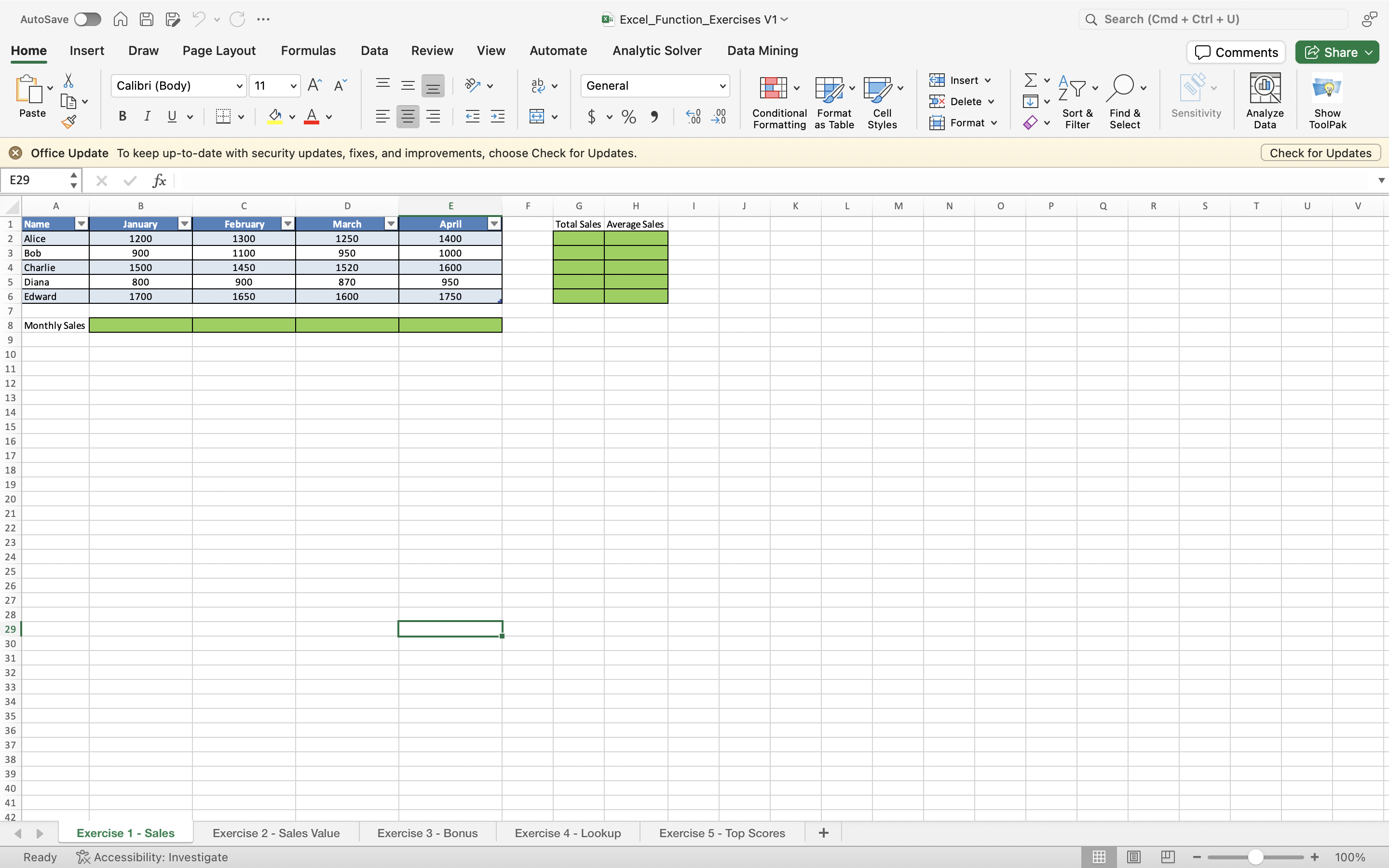 Write the appropriate formulas to calculate the
