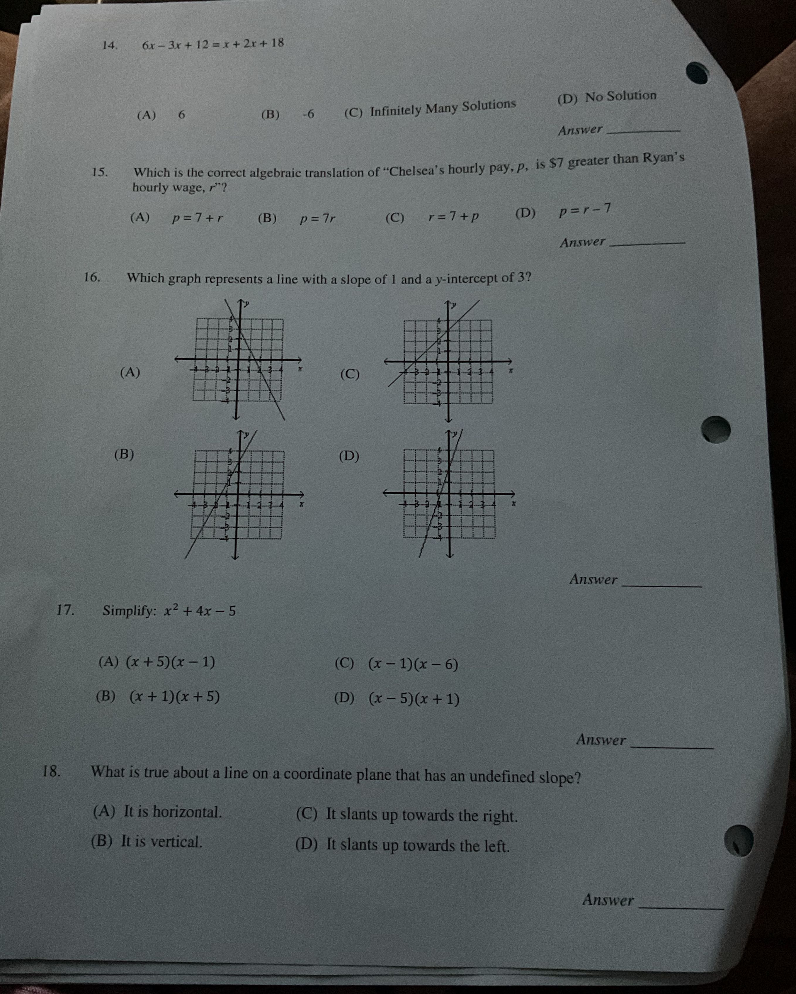 6x - 3x + 12 = x+2x+ 18 (D) No Solution (A) (B)
