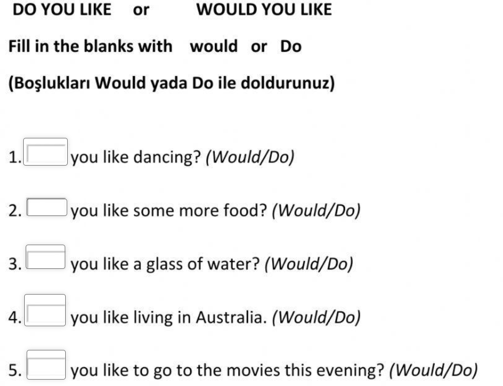 has esto DO YOU LIKE or WOULD YOU LIKE Fill in