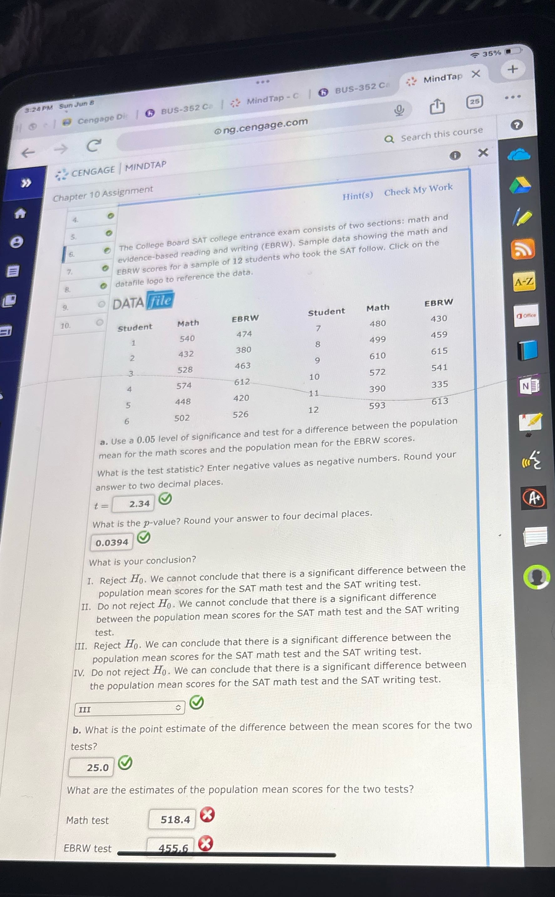 35% ... + 3:24 PM Sun Jun 8 MindTap X | @ Cengage