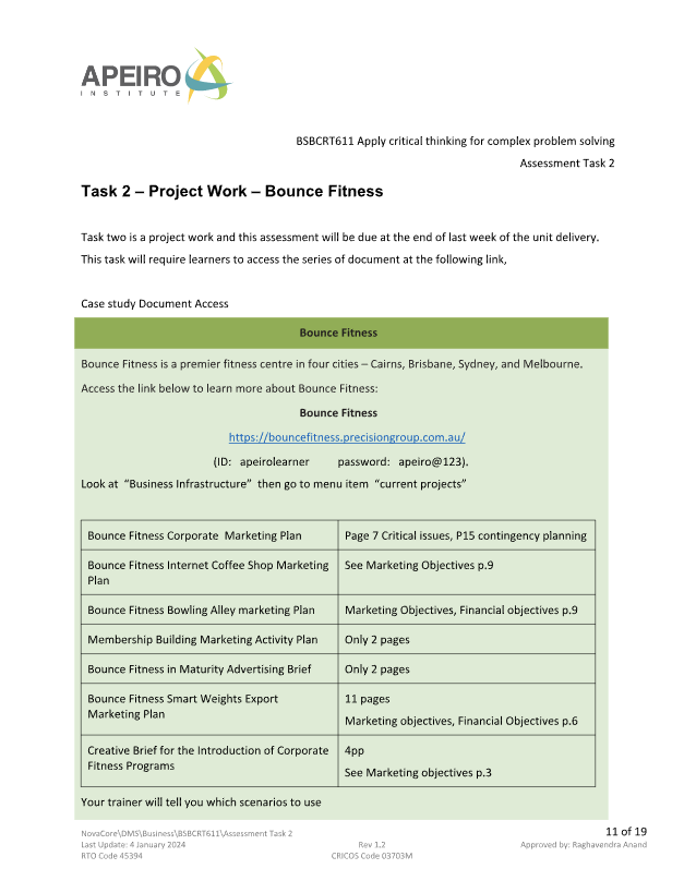 APEIRO STITUT BSBCRT611 Apply critical thinking