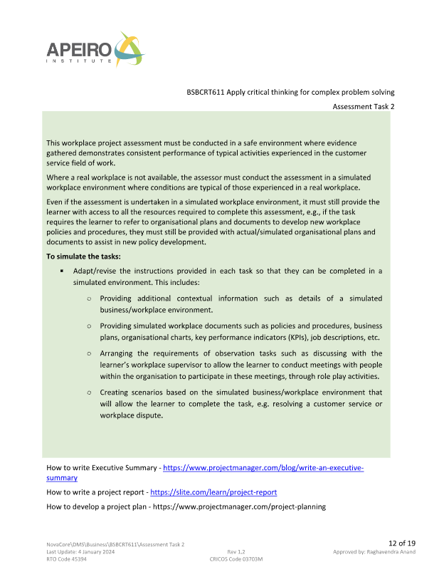 APEIRO STITUT BSBCRT611 Apply critical thinking