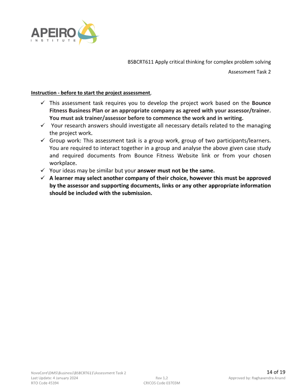 APEIRO STITUT BSBCRT611 Apply critical thinking