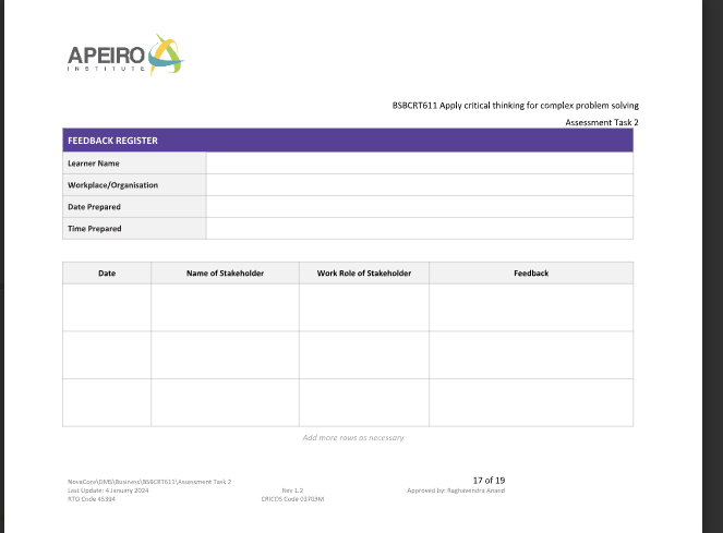 APEIRO STITUT BSBCRT611 Apply critical thinking