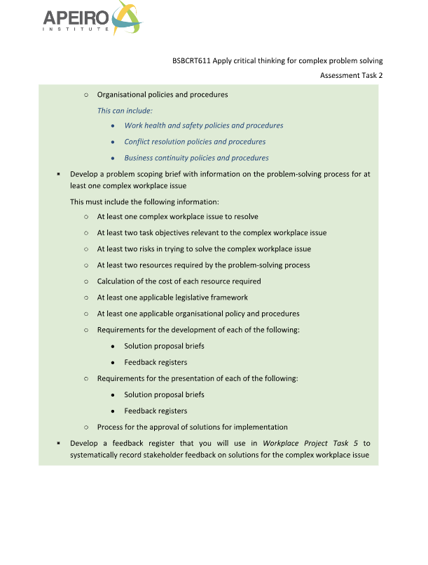 APEIRO STITUT BSBCRT611 Apply critical thinking